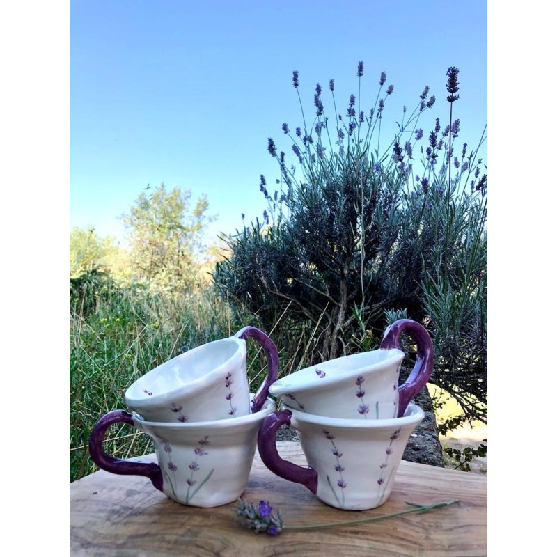 Tazza in ceramica con lavanda dipinta. Tazza e piattino per tisana. Erbe  provenzali. Stoviglie dipinte a mano. Ceramica Osoka Arte. Set da tè regalo  -  Italia