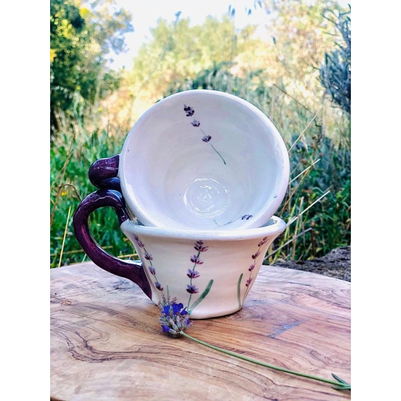 Tazza in ceramica con lavanda dipinta. Tazza e piattino per tisana. Erbe  provenzali. Stoviglie dipinte a mano. Ceramica Osoka Arte. Set da tè regalo  -  Italia